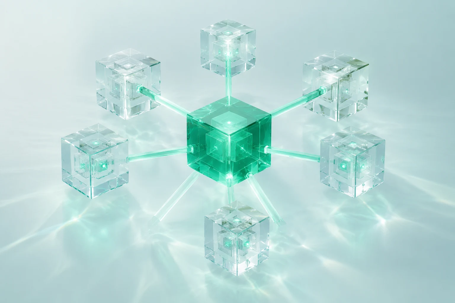 Connected translucent glass modules around an emerald intelligence core