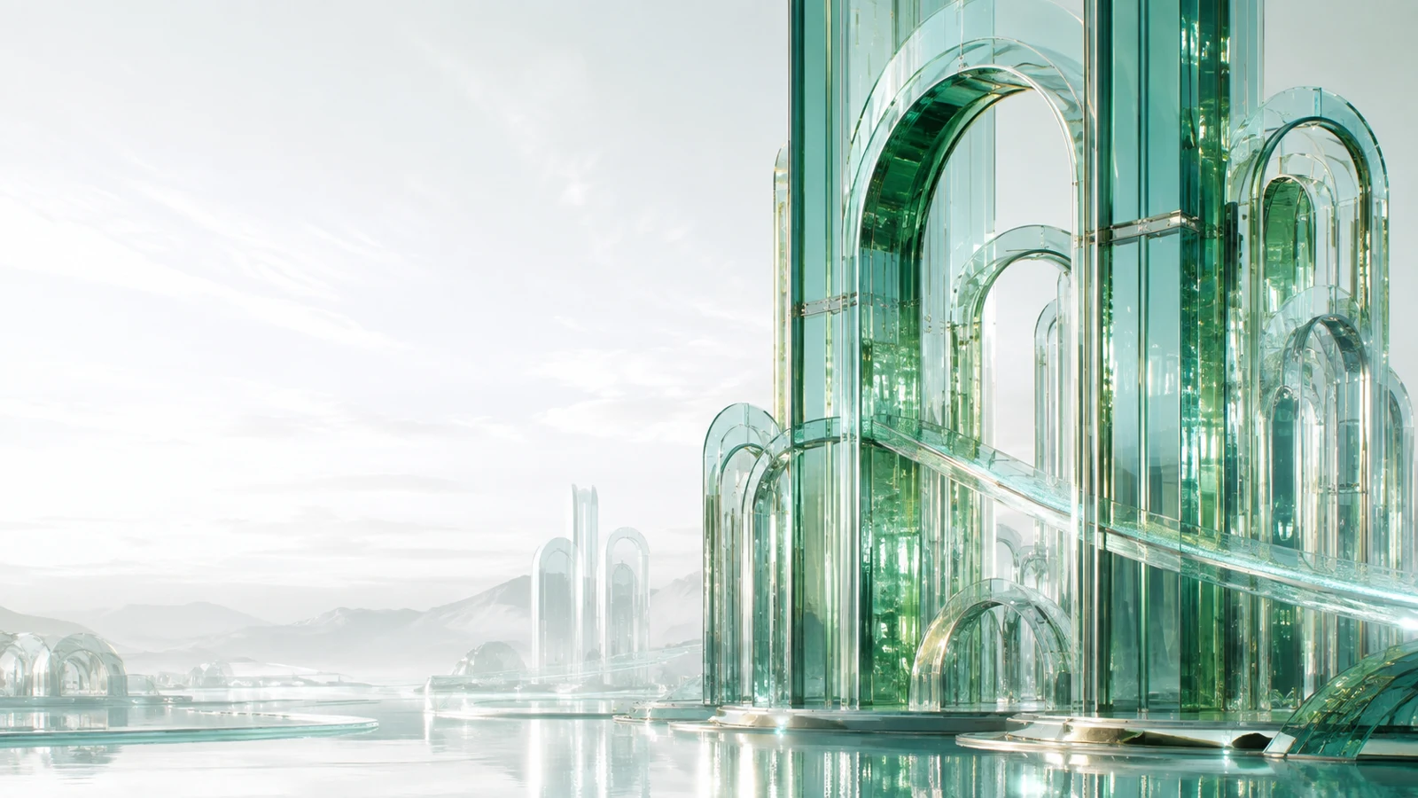An architectural landscape of connected emerald glass forms